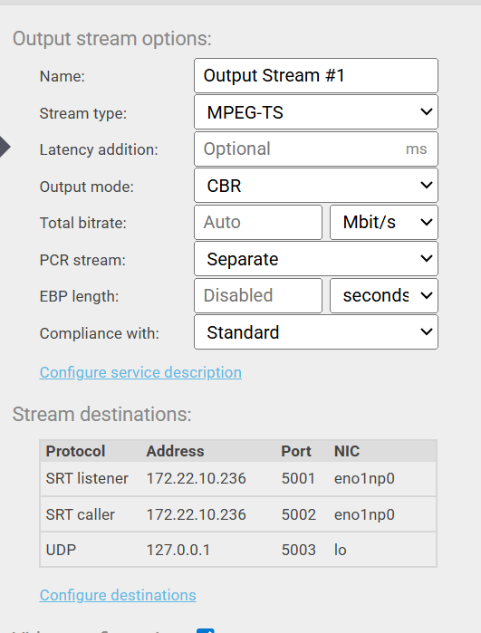 Figure 39: STREAM DESTINATIONS TABLE